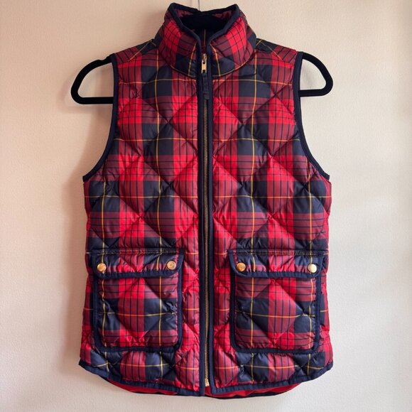 J.Crew Vest Womens XXS Red Blue Tartan Plaid Down Puffer Jacket Quilted - Picture 1 of 8
